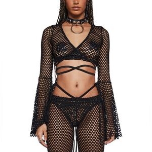 NWT Dolls Kill Club Exx TECHNO FANTASY FISHNET WRAP TOP BLACK jacket bell sleeve